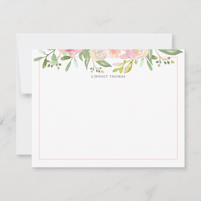 Blush Pink Watercolor Floral Personalized Note Card (Front)