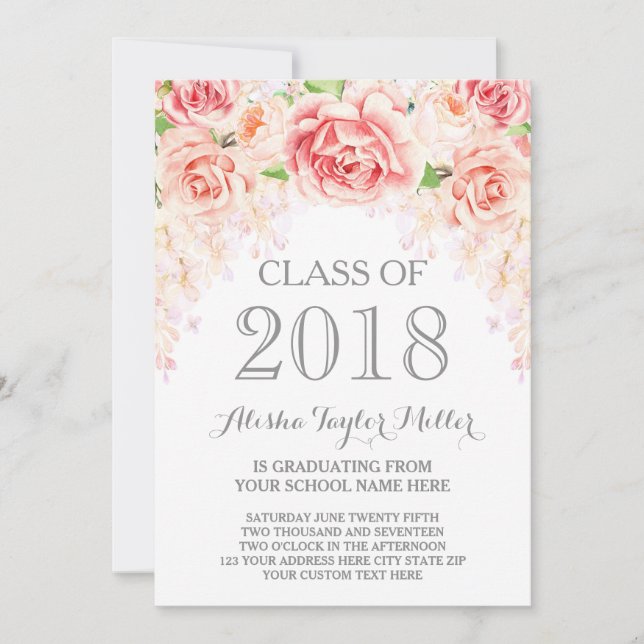 Blush Pink Watercolor Floral Photo 2018 Grad Invitation (Front)