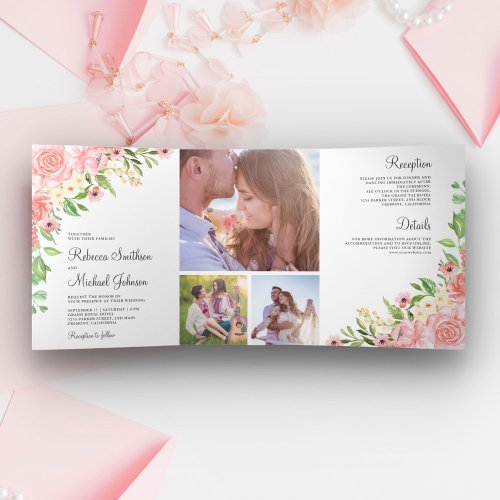 Blush Pink Watercolor Floral Photo Collage Wedding Tri_Fold Invitation