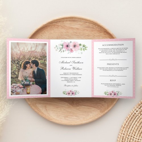 Blush Pink Watercolor Floral Photo Wedding Tri_Fold Invitation