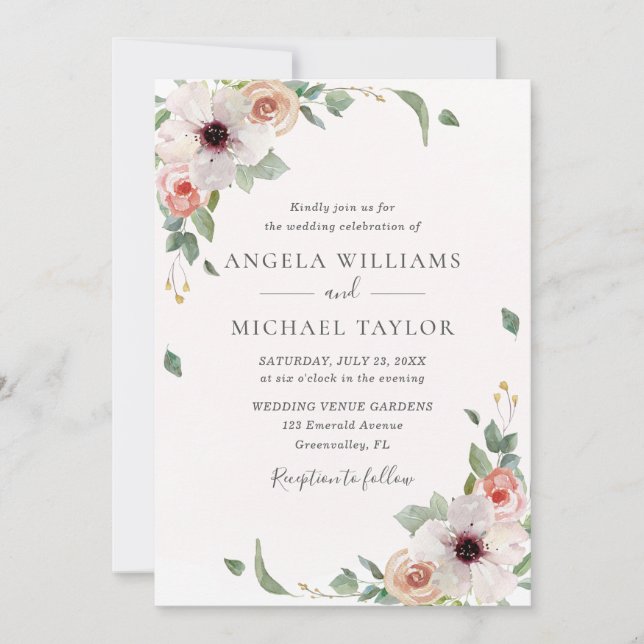Blush Pink Watercolor Floral Pretty Wedding Invitation (Front)