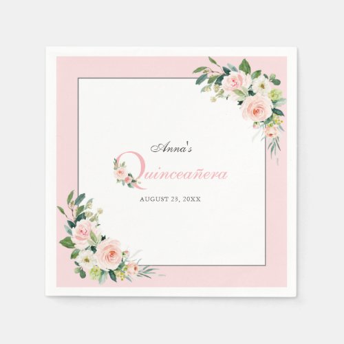 Blush Pink Watercolor Floral Quinceanera Birthday Napkins