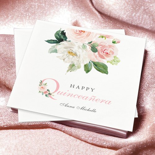Blush Pink Watercolor Floral Quinceaera Birthday Napkins