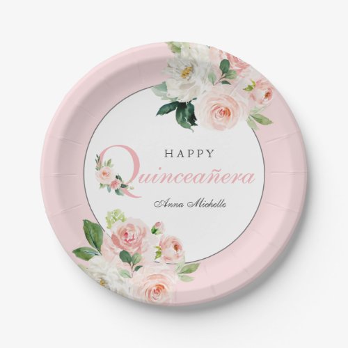 Blush Pink Watercolor Floral Quinceaera Birthday Paper Plates