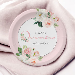 Blush Pink Watercolor Floral Quinceañera Birthday Paper Plates