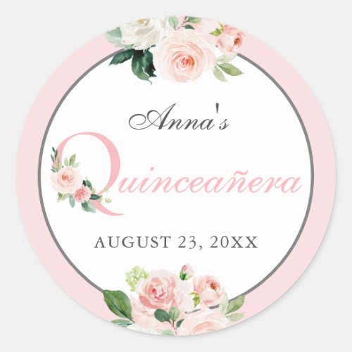Blush Pink Watercolor Floral Quinceanera Classic Round Sticker