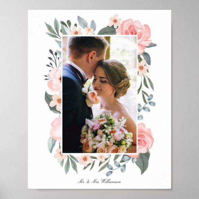 Blush Pink Watercolor Floral Rose & Sage Greenery Poster (Front)