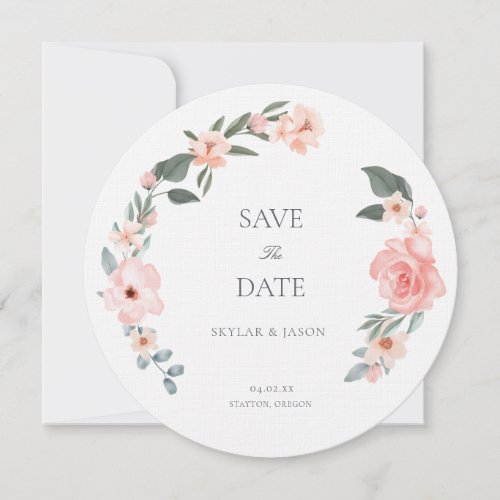 Blush Pink Watercolor Floral Rose  Sage Greenery Save The Date