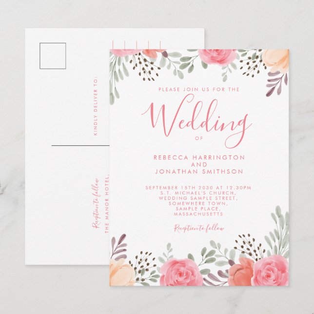 Blush Pink Watercolor Floral Rose Wedding Invite (Front/Back)