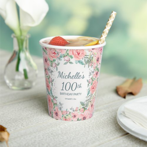 Blush Pink Watercolor Floral Roses 100th Birthday Paper Cups