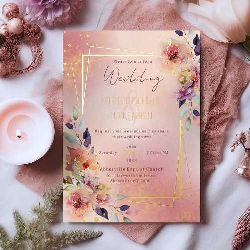 Blush Pink Watercolor Floral Roses Gold Frame Foil Invitation