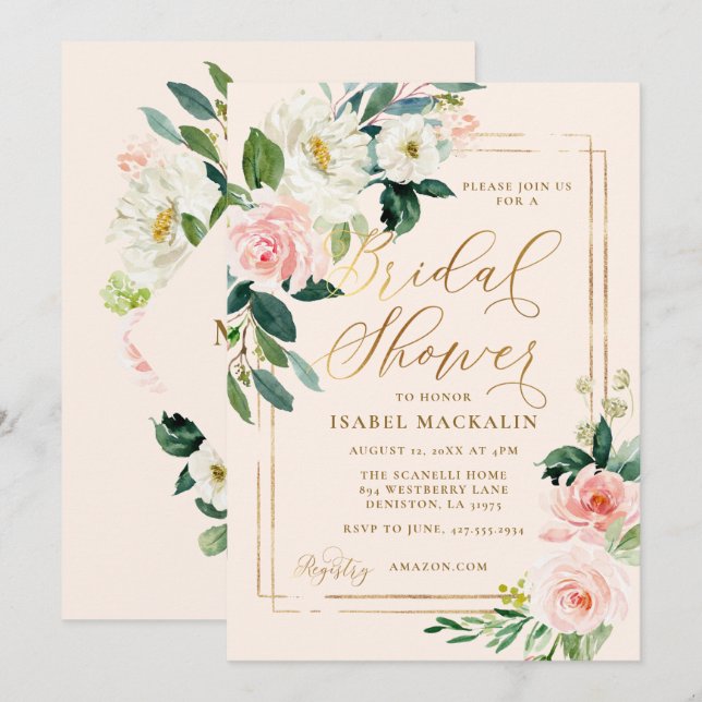 Blush Pink Watercolor Floral Rustic Bridal Shower Invitation (Front/Back)