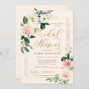 Blush Pink Watercolor Floral Rustic Bridal Shower Invitation