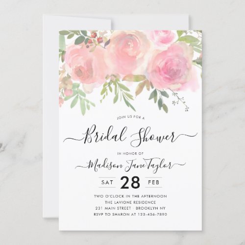 Blush Pink Watercolor Floral Script Bridal Shower Invitation