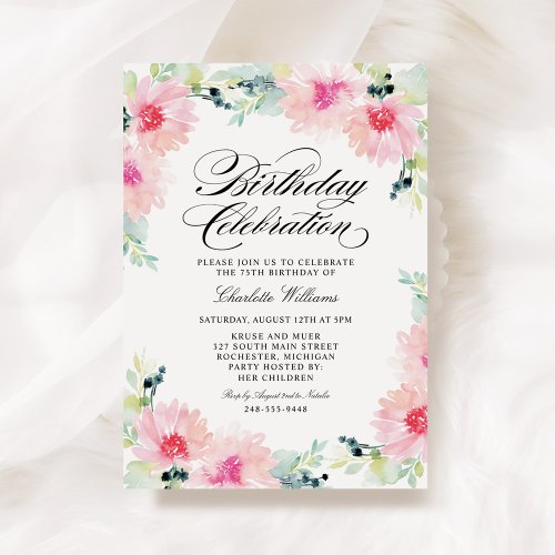 Blush Pink Watercolor Floral Spring Birthday Invitation