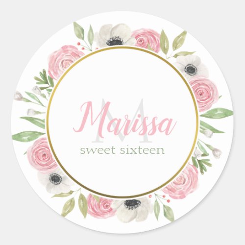 Blush Pink Watercolor Floral Sweet 16 Birthday Classic Round Sticker
