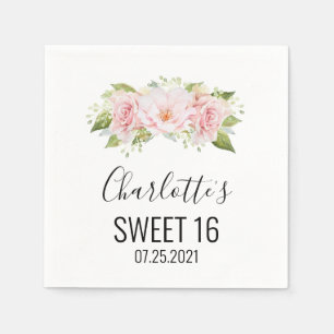 Blush Pink Watercolor Floral Sweet 16 Birthday Napkins