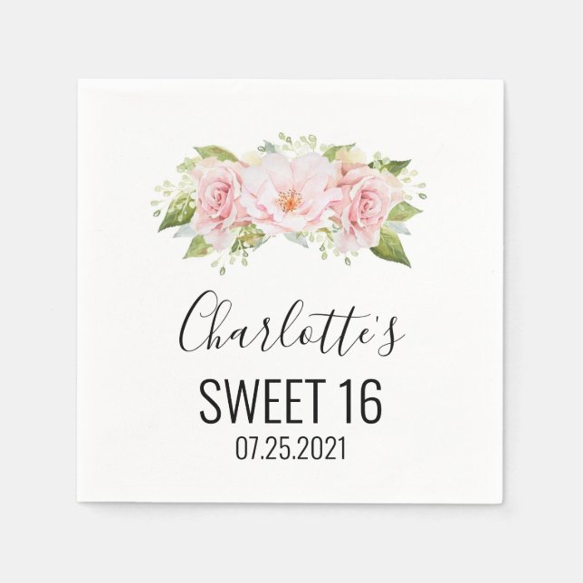 Blush Pink Watercolor Floral Sweet 16 Birthday Napkins (Front)