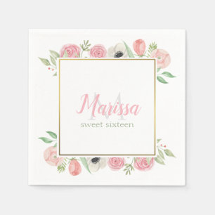 Blush Pink Watercolor Floral Sweet 16 Birthday Napkins