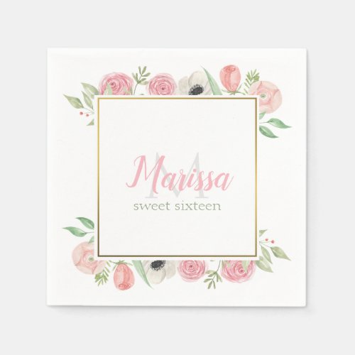 Blush Pink Watercolor Floral Sweet 16 Birthday Napkins