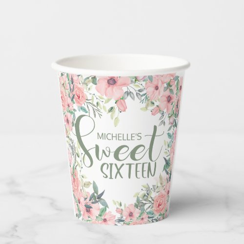 Blush Pink Watercolor Floral Sweet 16 Paper Cups