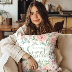 Blush Pink Watercolor Floral Sweet 16 Throw Pillow