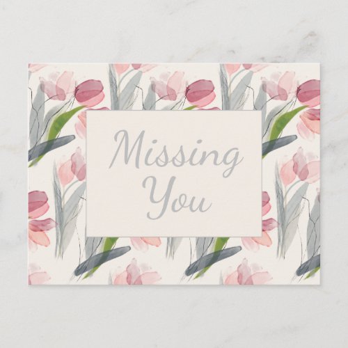 Blush Pink Watercolor Floral Tulips Missing You Postcard