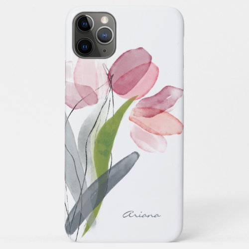 Blush Pink Watercolor Floral Tulips White Name iPhone 11 Pro Max Case