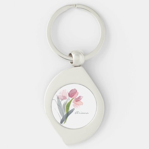 Blush Pink Watercolor Floral Tulips White Name Keychain