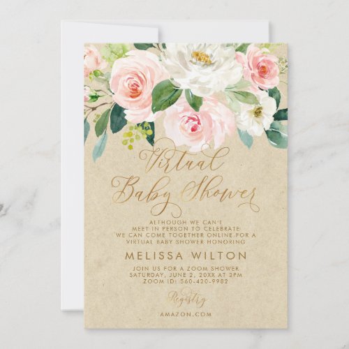Blush Pink Watercolor Floral Virtual Baby Shower Invitation