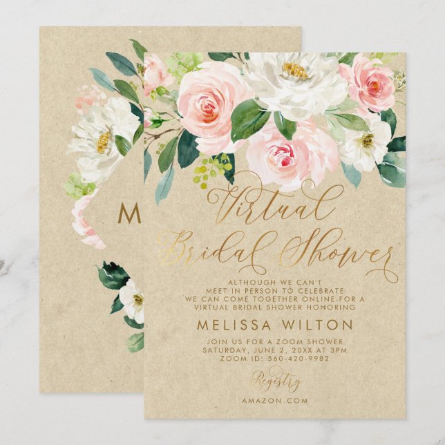 Blush Pink Watercolor Floral Virtual Bridal Shower Invitation (Front/Back)