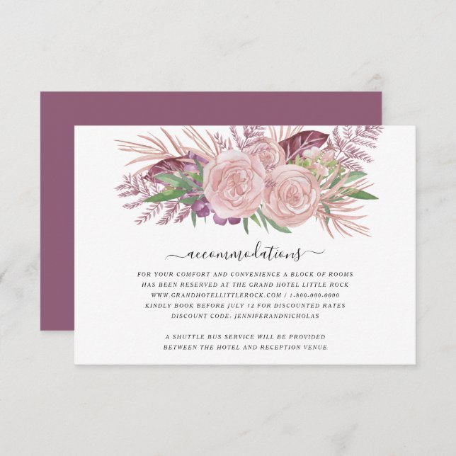 Blush Pink Watercolor Floral Wedding Accommodation Enclosure Card (Front/Back)