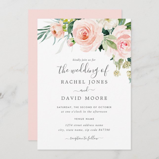 Blush Pink Watercolor Floral Wedding Invitation (Front/Back)