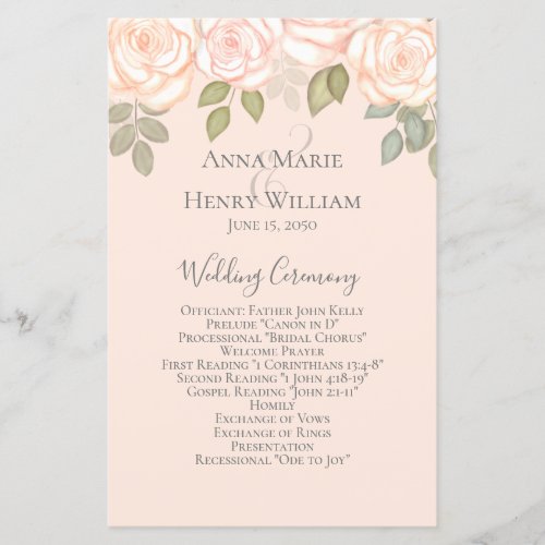 Blush Pink Watercolor Floral Wedding Program