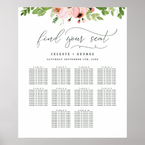 Blush pink watercolor floral wedding seating plan poster