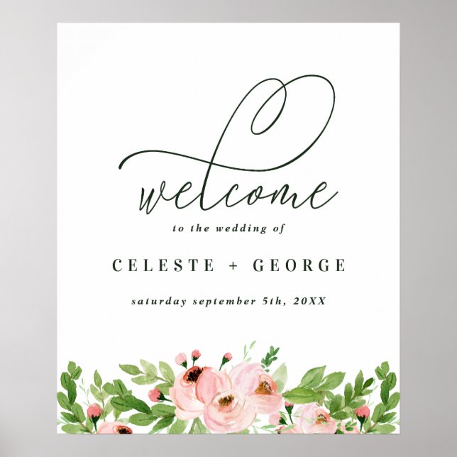 Blush pink watercolor floral wedding welcome poster (Front)