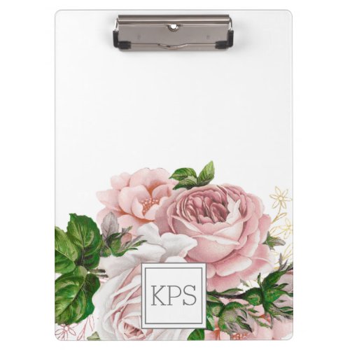 Blush Pink Watercolor Floral White Monogram Clipboard