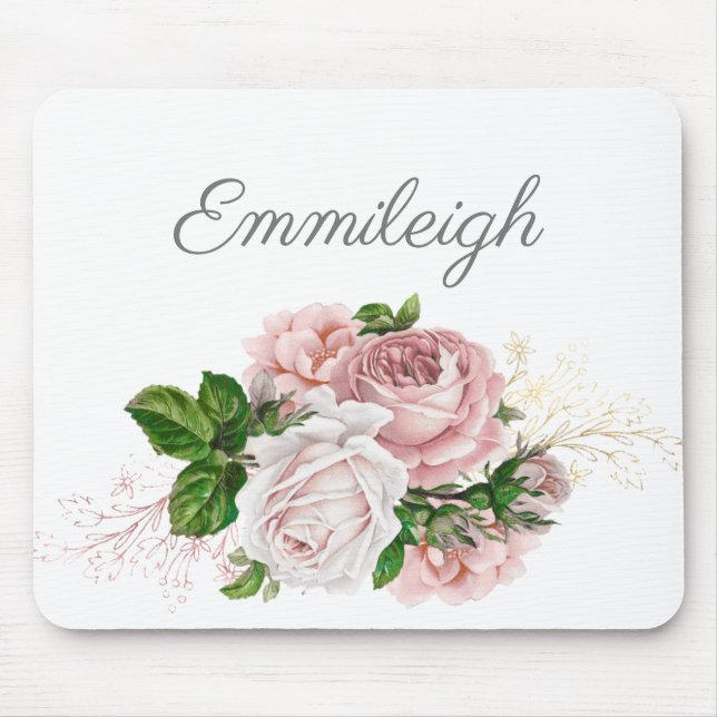 Blush Pink Watercolor Floral White Script Mouse Pad (Front)