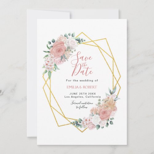 Blush Pink Watercolor Floral with Gold Frame Save The Date