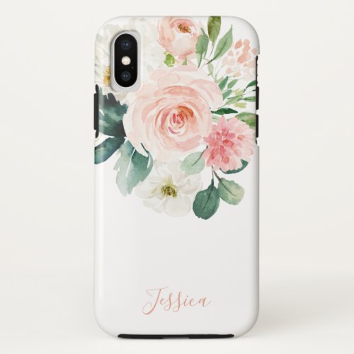 Blush Pink Watercolor Floral with Name iPhone X Case