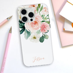 Blush Pink Watercolor Floral with Your Name iPhone 15 Pro Max Case