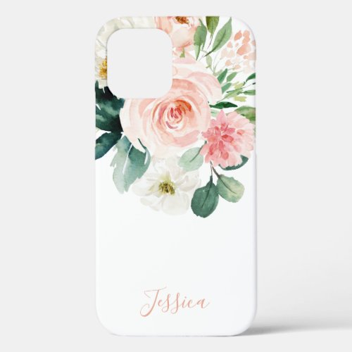 Blush Pink Watercolor Floral with Your Name iPhone 12 Case