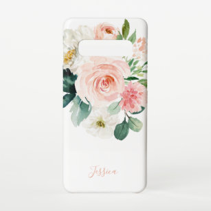 Blush Pink Watercolor Floral with Your Name Samsung Galaxy S10 Case
