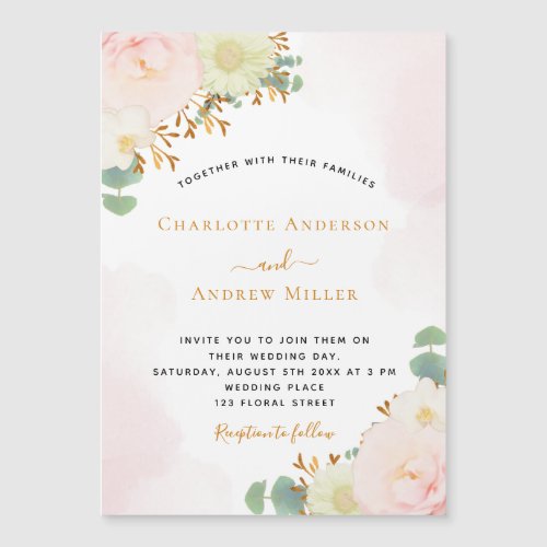 Blush pink watercolor florals whtie wedding magnet