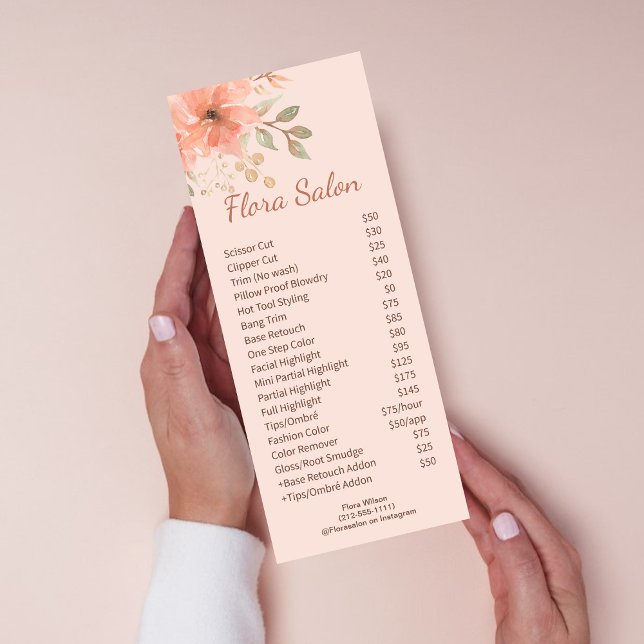 Blush Pink Watercolor Flower Beauty Salon Service Rack Card (Creator Uploaded)