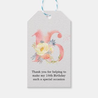 Blush Pink Watercolor Flower Number 16 Thank You Gift Tags