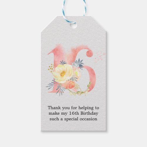 Blush Pink Watercolor Flower Number 16 Thank You Gift Tags