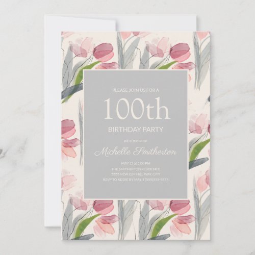 Blush Pink Watercolor Flower Tulips 100th Birthday Invitation