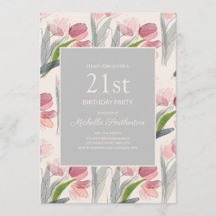 Blush Pink Watercolor Flower Tulips 21st Birthday Invitation