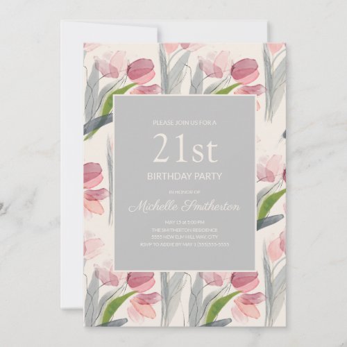 Blush Pink Watercolor Flower Tulips 21st Birthday Invitation